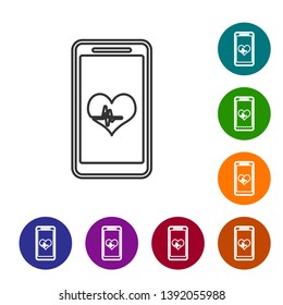 Grey Smartphone with heart rate monitor function line icon isolated on white background. Set icon in color circle buttons. Vector Illustration