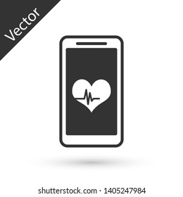 Grey Smartphone with heart rate monitor function icon isolated on white background. Vector Illustration
