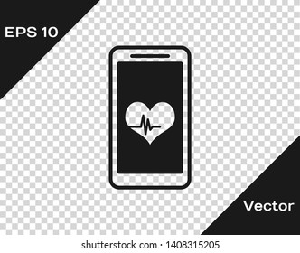 Grey Smartphone with heart rate monitor function icon isolated on transparent background. Vector Illustration