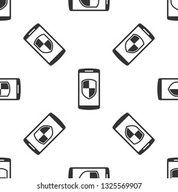 Grey Smartphone, mobile phone with security shield icon isolated seamless pattern on white background. Vector Illustration