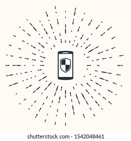 Grey Smartphone, mobile phone with security shield icon isolated on beige background. Abstract circle random dots. Vector Illustration