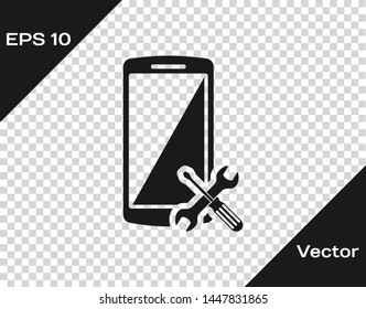 Grey Smartphone with screwdriver and wrench icon isolated on transparent background. Adjusting, service, setting, maintenance, repair, fixing.  Vector Illustration