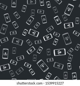 Grey Smartphone with upload icon isolated seamless pattern on black background.  Vector Illustration