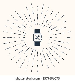 Grey Smartwatch with screwdriver and wrench icon isolated on beige background. Adjusting, service, setting, maintenance, repair, fixing. Abstract circle random dots. Vector Illustration