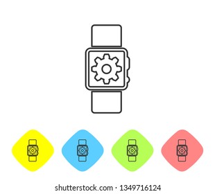 Grey Smartwatch setting line icon isolated on white background. Smart watch settings. Set icon in color rhombus buttons. Vector Illustration