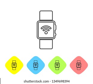 Grey Smartwatch with wireless symbol line icon isolated on white background. Set icon in color rhombus buttons. Vector Illustration