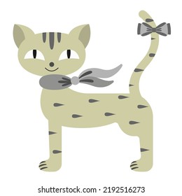 Grey smiling cat with a scarf around her neck and a bow on her tail