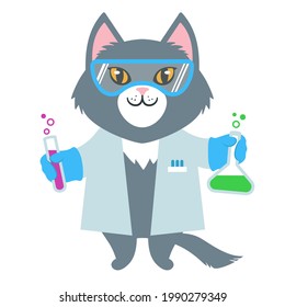 Grey smiling kitty cat dressed in a lab coat and holding out test tubes. Cute cartoon character and a handwritten slogan. Flat style vector illustration. Suitable for icon, logo, label, sticker