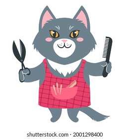 Grey smiling kitty cat dressed in an apron holding out scissors and a comb. Cute cartoon character. Flat style vector illustration. Suitable for icon, logo, label, sticker, clipart, t-shirt print.