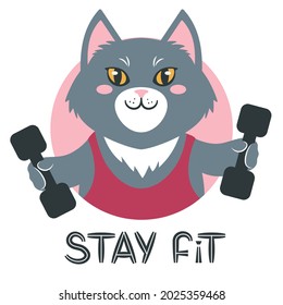 Graue, lächelnde Kätzchen in einem einzigen, die eine Hantel hält unterschrieben bleiben fit. Cute Cartoon Charakter und ein handgeschriebener Slogan. Flache Vektorgrafik. Geeignet für Symbol, Logo, Etikett