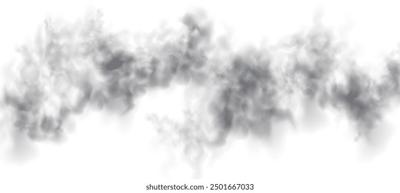 Grey smoke puff, white background and studio with no people with fog in the air. For used on light backgrounds. Transparency only in vector PNG format.	