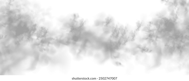 Grey smoke puff, white background and studio with no people with fog in the air. For used on light backgrounds. Transparency only in vector PNG format.	