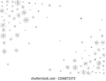 Vector blanco de fondo de nieve gris. Ilustración del diseño de Flake. Luminoso Confetti Volando. Tarjeta de partículas metálicas.