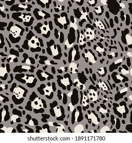 Grey Snow Leopard Pattern Design. Animal Seamless Texture. Vector Illustration.