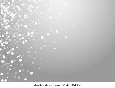 Grey Snow Vector Grey Background. White Bokeh Flake Pattern. Subtle Snowfall Backdrop. Falling Dots Design.
