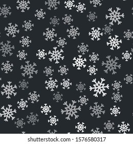Grey Snowflake icon isolated seamless pattern on black background.  Vector Illustration