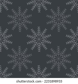 Grey snowflake seamless vector pattern on a dark grey background