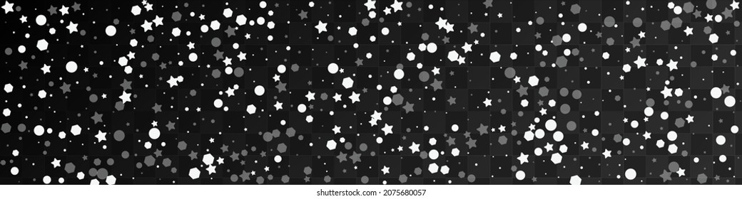 Grey Snowflake Vector Panoramic Transparent Background. Overlay Glitter Flake Card. Bokeh Confetti Texture. Minimal Snow Design.