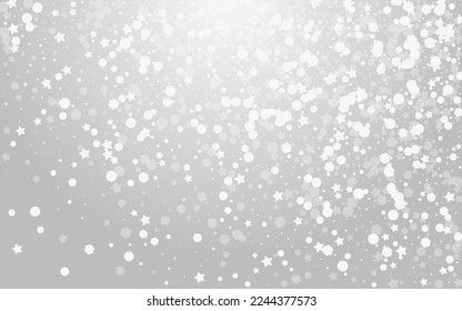 Grey Snowstorm Vector Grey Background. Silver Christmas Stars Wallpaper. Shine Snow Illustration. Glow Snowflake Invitation.