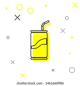 Grey Soda can with drinking straw line icon isolated on white background. Vector Illustration