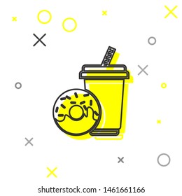 Grey Soda drink with drinking straw and donut line icon isolated on white background. Fast food symbol. Vector Illustration