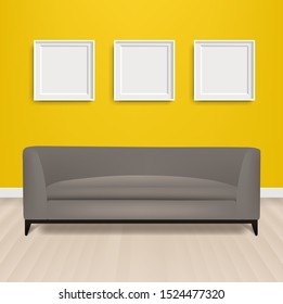 Grey Sofa Bed With And Picture Frame And Yellow Background With Gradient Mesh, Vector Illustration