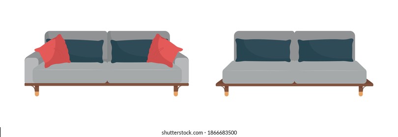 Grey sofa with black and red pillows flat color vector object set. Living room furniture. Trendy couch with cushions isolated cartoon illustration for web graphic design and animation collection