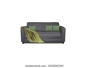 Grey sofa  with blanket and pillows, vector