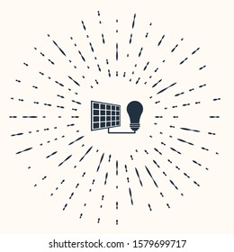 Grey Solar energy panel and light bulb icon isolated on beige background. Abstract circle random dots. Vector Illustration