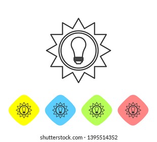 Grey Solar energy panel line icon isolated on white background. Sun and light bulb. Set icon in color rhombus buttons. Vector Illustration
