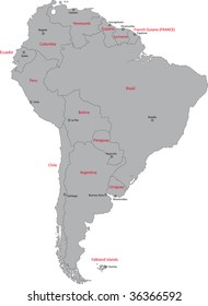 Grey South America map with countries and capital cities