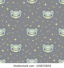 Grey space galaxy cat seamless pattern