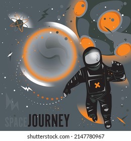 Grey space. Moon, stars, planet, asteroid, astronaut, rocket, spaceship, alien. Adventure, travel, exploration around universe.