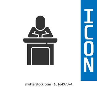 Icono del altavoz gris aislado en fondo blanco. Orador hablando desde la tribuna. Discurso público. Persona en el podio.  Vector