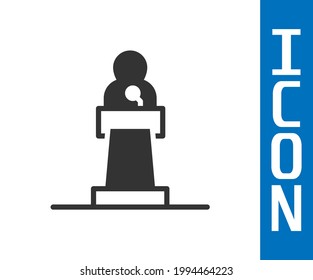 Grey Speaker icon isolated on white background. Orator speaking from tribune. Public speech. Person on podium.  Vector