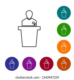 Grey Speaker line icon isolated on white background. Orator speaking from tribune. Public speech. Person on podium. Vector Illustration
