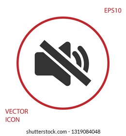 Grey Speaker mute icon isolated on white background. No sound icon. Volume Off symbol. Red circle button. Vector Illustration