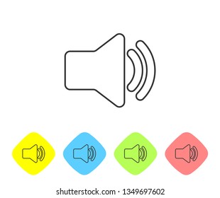 Grey Speaker volume icon - audio voice sound symbol, media music line icon isolated on white background. Set icon in color rhombus buttons. Vector Illustration