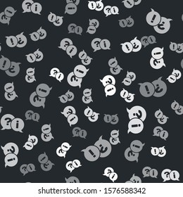 Grey Speech bubbles with Question and Exclamation icon isolated seamless pattern on black background. FAQ sign. Copy files, chat speech bubble and chart.  Vector Illustration