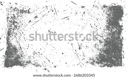 Grey splatters and scratches create a distressed texture on a white background.