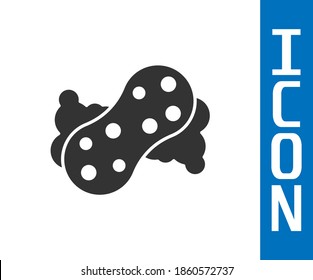 Esponja gris con icono de burbujas aislado en fondo blanco. Wisp of bast para lavar platos. Logo del servicio de limpieza.  Vector