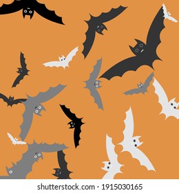 Grey Spooky Attack Motion Halloween Art Illustration. Light Black Funny Creepy Art Flying Bats Fabrics. Orange Print Retro Silver Modern Style Simple Art. White Scary Chaos Bats Vector Illustration.