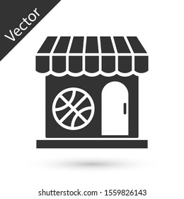 Grey Sports shop and basketball ball icon isolated on white background. Sport store.  Vector Illustration