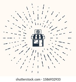 Grey Sports shop and basketball ball icon isolated on beige background. Sport store. Abstract circle random dots. Vector Illustration