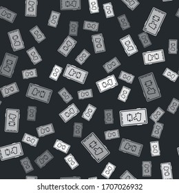 Grey Spread the word, megaphone on mobile phone icon isolated seamless pattern on black background. Vector Illustration