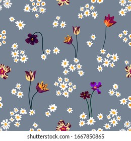 Grey spring garden. Seamless pattern with tulips and daisies. Template for textile design, cards, scrapbookings.