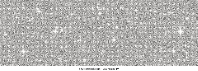 Cinza quadrado mosaico sequin fundo com disco bola brilho e textura vislumbre. Piso cintilante de prata para festa glam ou design de parede shimmer abstrato. Ilustração vetorial.