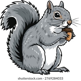 Grey squirrel holding an acorn vector illustration white background forest dweller squirrel wildlife illustration chipmunk isolated character gathering seasonal