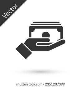 Grey Stacks paper money cash in hand icon isolated on white background. Insurance concept. Money banknotes stacks. Bill currency.  Vector