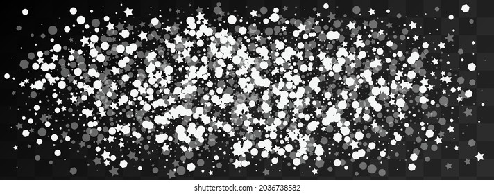 Grey Stars Vector Panoramic Transparent Background. Silver Bokeh Flake Pattern. Magic Snowfall Card. Winter Snowstorm Texture.